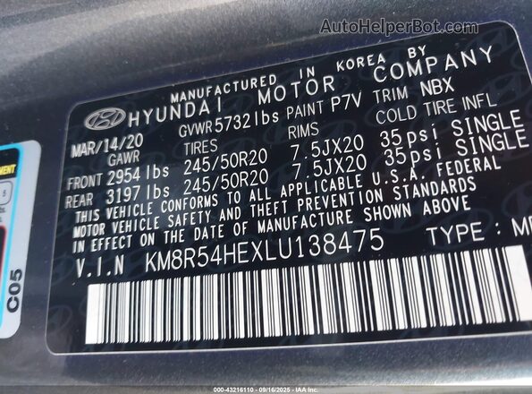 KM8R54HEXLU138475 2020 HYUNDAI PALISADE Gray Vista del compartimento del motor