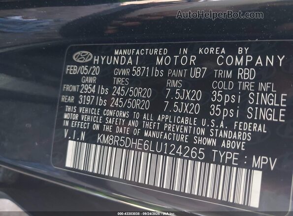 KM8R5DHE6LU124265 2020 HYUNDAI PALISADE Black Widok komory silnika