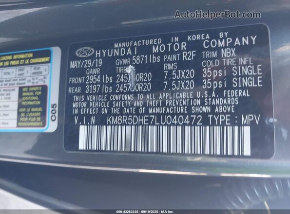 KM8R5DHE7LU040472 2020 HYUNDAI PALISADE Gray ძრავის განყოფილების ხედი