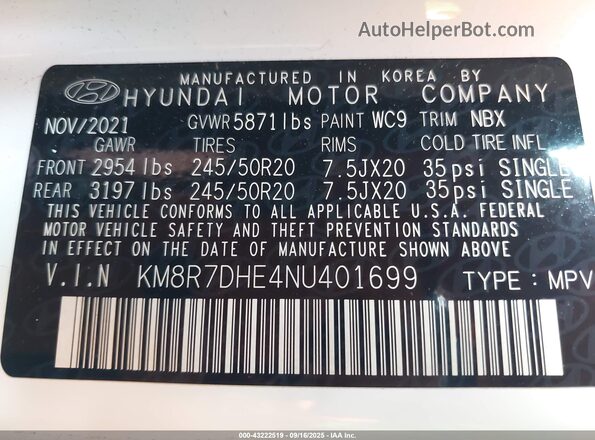KM8R7DHE4NU401699 2022 HYUNDAI PALISADE White Vista del compartimento del motor