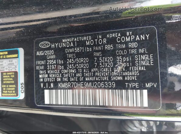 KM8R7DHE9MU206339 2021 HYUNDAI PALISADE CALLIGRAPHY Black Engine compartment view