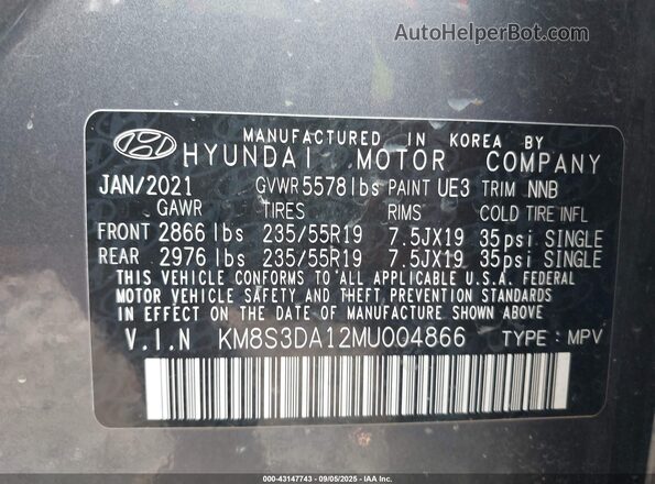 KM8S3DA12MU004866 2021 HYUNDAI SANTA FE HYBRID Gray ძრავის განყოფილების ხედი