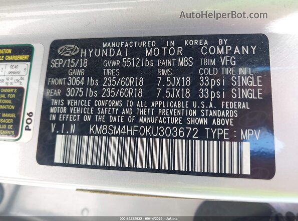 KM8SM4HF0KU303672 2019 HYUNDAI SANTA FE XL Silver 