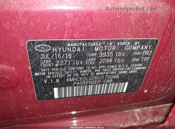 KMHC65LC0KU175046 2019 HYUNDAI IONIQ HYBRID Red 