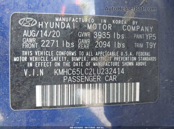 KMHC65LC2LU232414 2020 HYUNDAI IONIQ HYBRID Blue Շարժիչի բաժամունքի տեսք