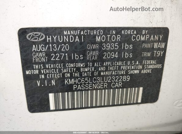 KMHC65LC3LU232289 2020 HYUNDAI IONIQ HYBRID White 