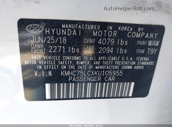 KMHC75LCXKU105955 2019 HYUNDAI IONIQ HYBRID White 