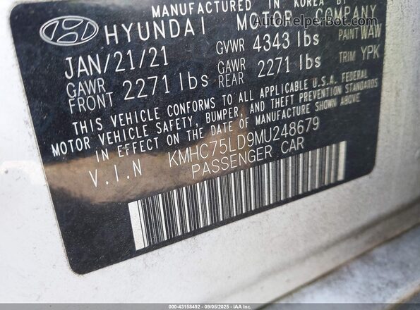KMHC75LD9MU248679 2021 HYUNDAI IONIQ PLUG-IN HYBRID White 