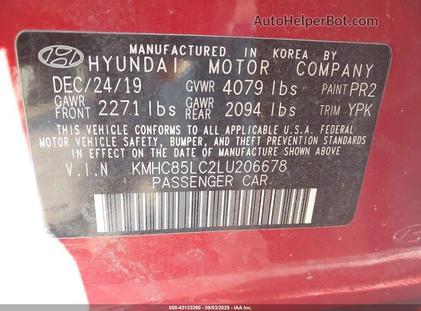 KMHC85LC2LU206678 2020 HYUNDAI IONIQ Red Engine compartment view