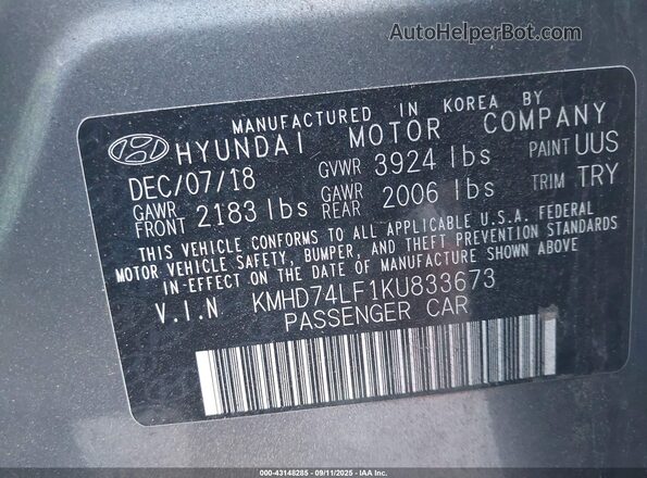 KMHD74LF1KU833673 2019 HYUNDAI ELANTRA Gray Vista del compartimento del motor