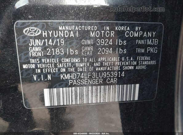 KMHD74LF3LU953914 2020 HYUNDAI ELANTRA Black Engine compartment view