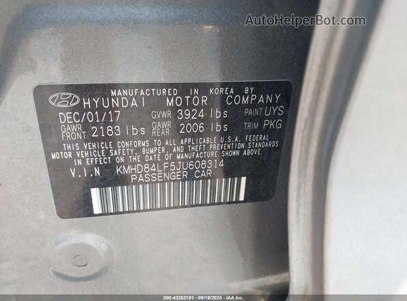 KMHD84LF5JU608314 2018 HYUNDAI ELANTRA Gray 