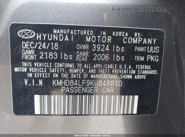 KMHD84LF9KU848810 2019 HYUNDAI ELANTRA Gray Շարժիչի բաժամունքի տեսք