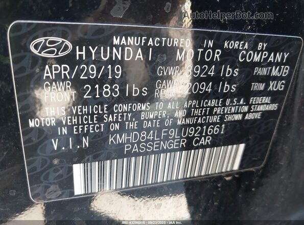 KMHD84LF9LU921661 2020 HYUNDAI ELANTRA Black Շարժիչի բաժամունքի տեսք