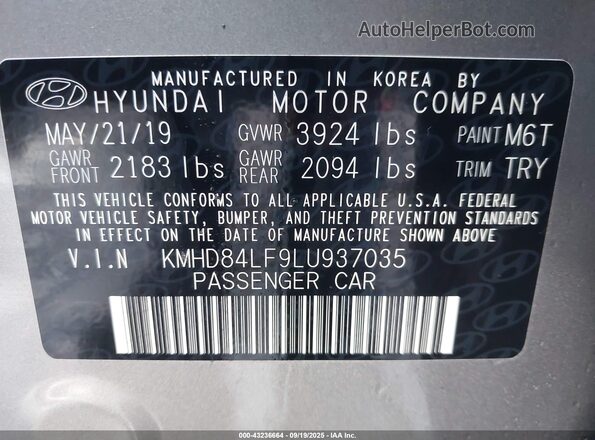 KMHD84LF9LU937035 2020 HYUNDAI ELANTRA Gray Widok komory silnika