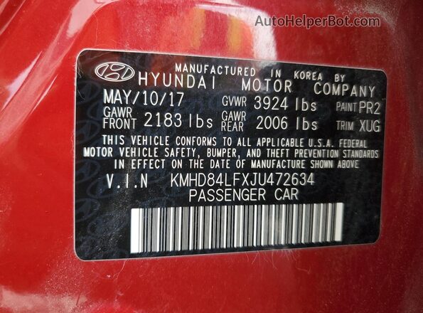 KMHD84LFXJU472634 2018 HYUNDAI ELANTRA Красный 