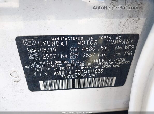 KMHE24L30KA091826 2019 HYUNDAI SONATA HYBRID White ძრავის განყოფილების ხედი