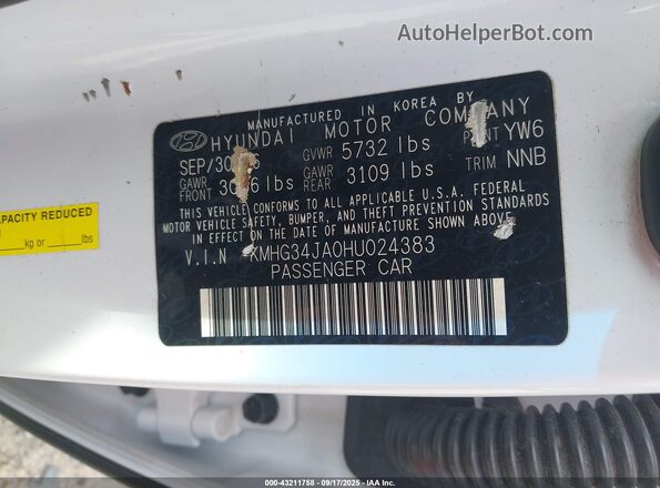 KMHG34JA0HU024383 2017 GENESIS G90 White VIN კოდის სტიკერის ხედი