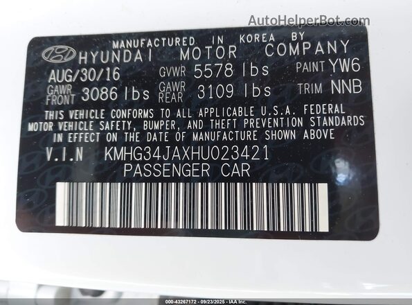 KMHG34JAXHU023421 2017 GENESIS G90 White 