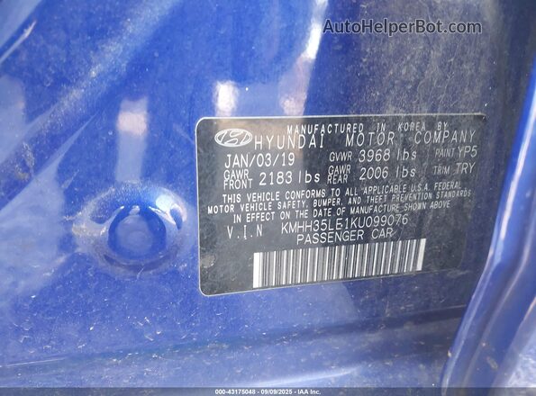 KMHH35LE1KU099076 2019 HYUNDAI ELANTRA GT Blue Vista del compartimento del motor