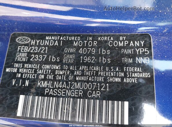 KMHLN4AJ2MU007121 2021 HYUNDAI ELANTRA HYBRID Blue Vista del compartimento del motor