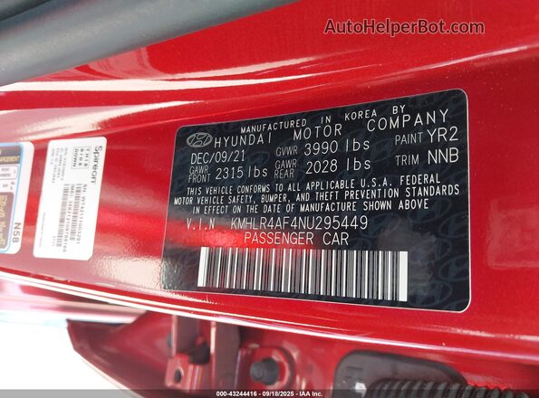 KMHLR4AF4NU295449 2022 HYUNDAI ELANTRA Red Vista del compartimento del motor