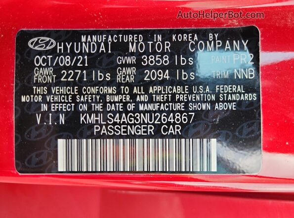KMHLS4AG3NU264867 2022 HYUNDAI ELANTRA Красный Вид наклейки с VIN-кодом