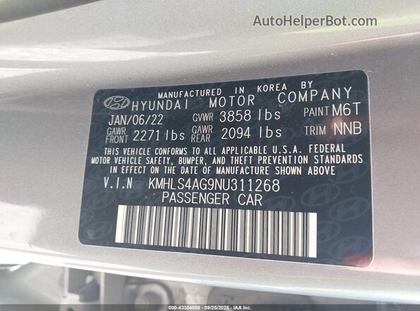 KMHLS4AG9NU311268 2022 HYUNDAI ELANTRA Gray ძრავის განყოფილების ხედი