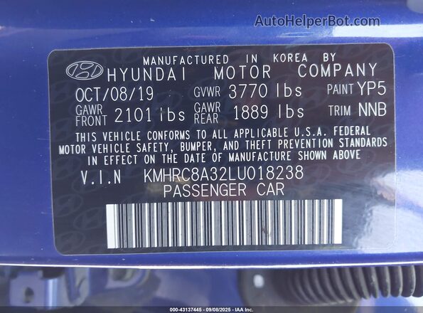KMHRC8A32LU018238 2020 HYUNDAI VENUE Blue Vista del compartimento del motor