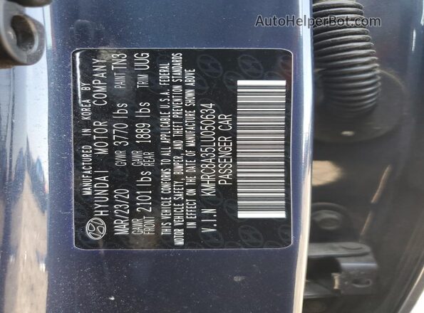 KMHRC8A35LU050634 2020 HYUNDAI VENUE Blue VIN კოდის სტიკერის ხედი