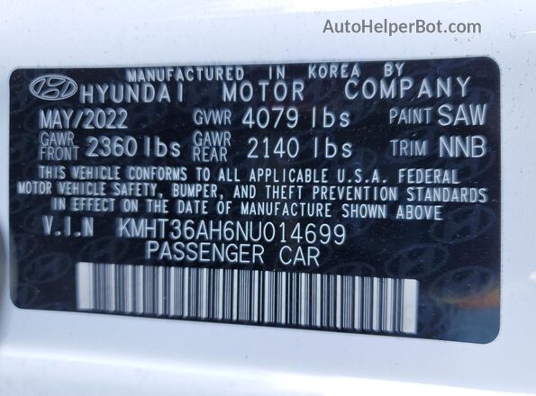 KMHT36AH6NU014699 2022 HYUNDAI VELOSTER White Շարժիչի բաժամունքի տեսք