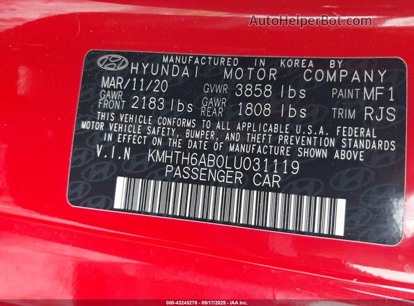 KMHTH6AB0LU031119 2020 HYUNDAI VELOSTER Red Vista del compartimento del motor