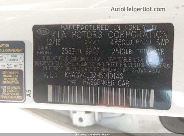 KNAGV4LD2H5010143 2017 KIA OPTIMA PLUG-IN HYBRID White Widok komory silnika