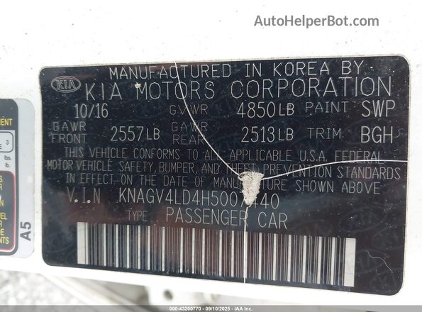 KNAGV4LD4H5007440 2017 KIA OPTIMA PLUG-IN HYBRID White ძრავის განყოფილების ხედი