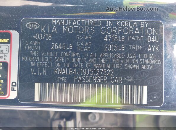 KNALB4J19J5127322 2018 KIA CADENZA Dark Blue ძრავის განყოფილების ხედი