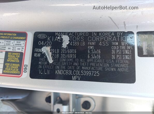 KNDCB3LC0L5399725 2020 KIA NIRO Silver Вид підкапотного простору