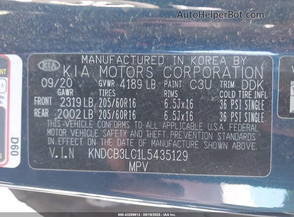 KNDCB3LC1L5435129 2020 KIA NIRO Blue Շարժիչի բաժամունքի տեսք