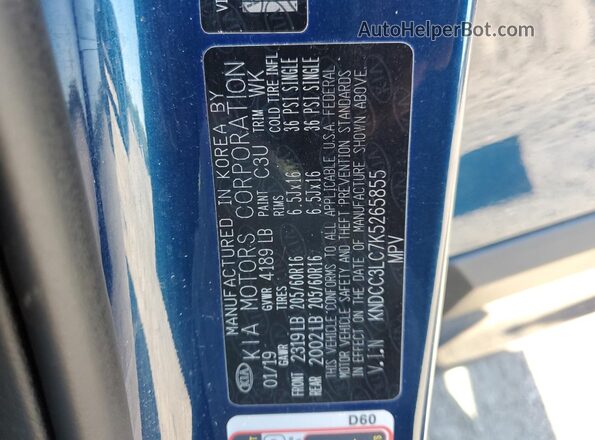 KNDCC3LC7K5265855 2019 KIA NIRO Blue Շարժիչի բաժամունքի տեսք