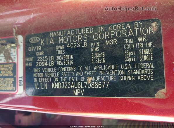 KNDJ23AU6L7088677 2020 KIA SOUL Red Շարժիչի բաժամունքի տեսք
