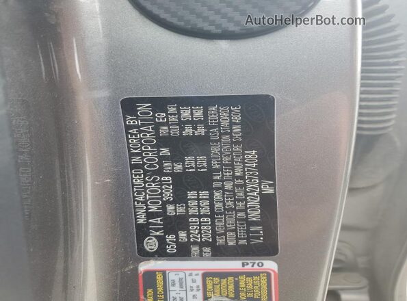 KNDJN2A2XG7374084 2016 KIA SOUL Серый Вид наклейки с VIN-кодом