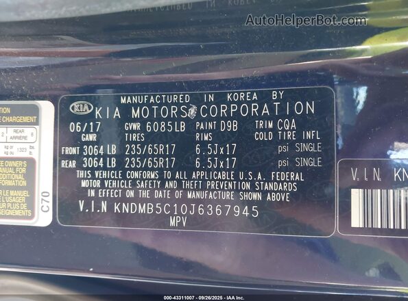KNDMB5C10J6367945 2018 KIA SEDONA Blue Widok komory silnika
