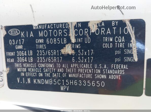 KNDMB5C15H6335650 2017 KIA SEDONA White Widok komory silnika