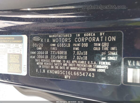 KNDMB5C16L6654743 2020 KIA SEDONA Navy Engine compartment view