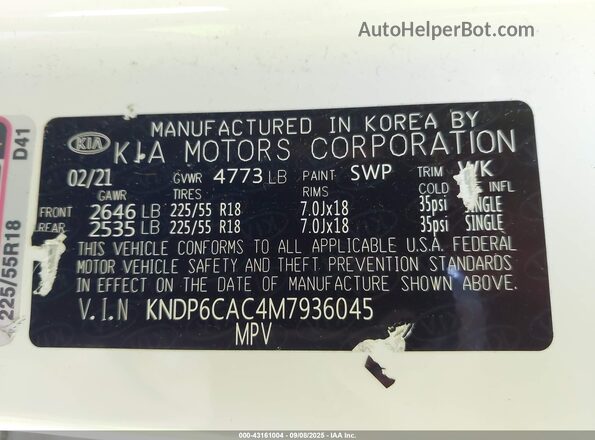 KNDP6CAC4M7936045 2021 KIA SPORTAGE White Вид підкапотного простору
