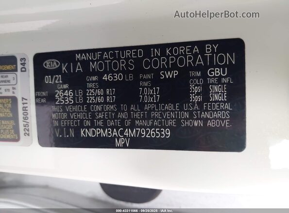 KNDPM3AC4M7926539 2021 KIA SPORTAGE Белый Вид подкапотного пространства