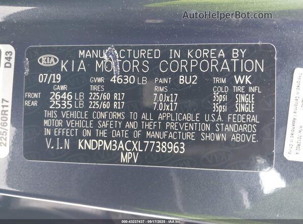 KNDPM3ACXL7738963 2020 KIA SPORTAGE Gray ძრავის განყოფილების ხედი