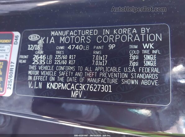KNDPMCAC3K7627301 2019 KIA SPORTAGE Black Շարժիչի բաժամունքի տեսք