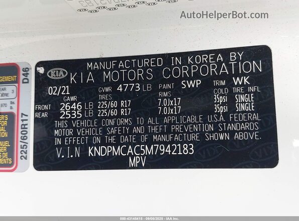 KNDPMCAC5M7942183 2021 KIA SPORTAGE White Vista del compartimento del motor