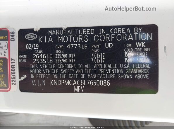 KNDPMCAC6L7650086 2020 KIA SPORTAGE White Շարժիչի բաժամունքի տեսք