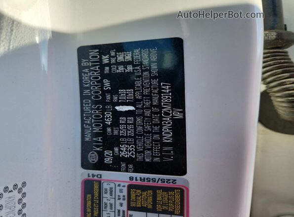 KNDPN3AC2M7891447 2021 KIA SPORTAGE White VIN კოდის სტიკერის ხედი